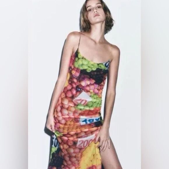 Zara Fruit Stand Print Mesh Ruched Blogger Travel Photoshoot Maxi Dress M NWT - Picture 2 of 8